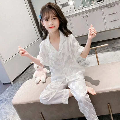 Girls Summer Ice Silk Pajamas Set Short Sleeve Princess Style Cooling Homewear for Kids