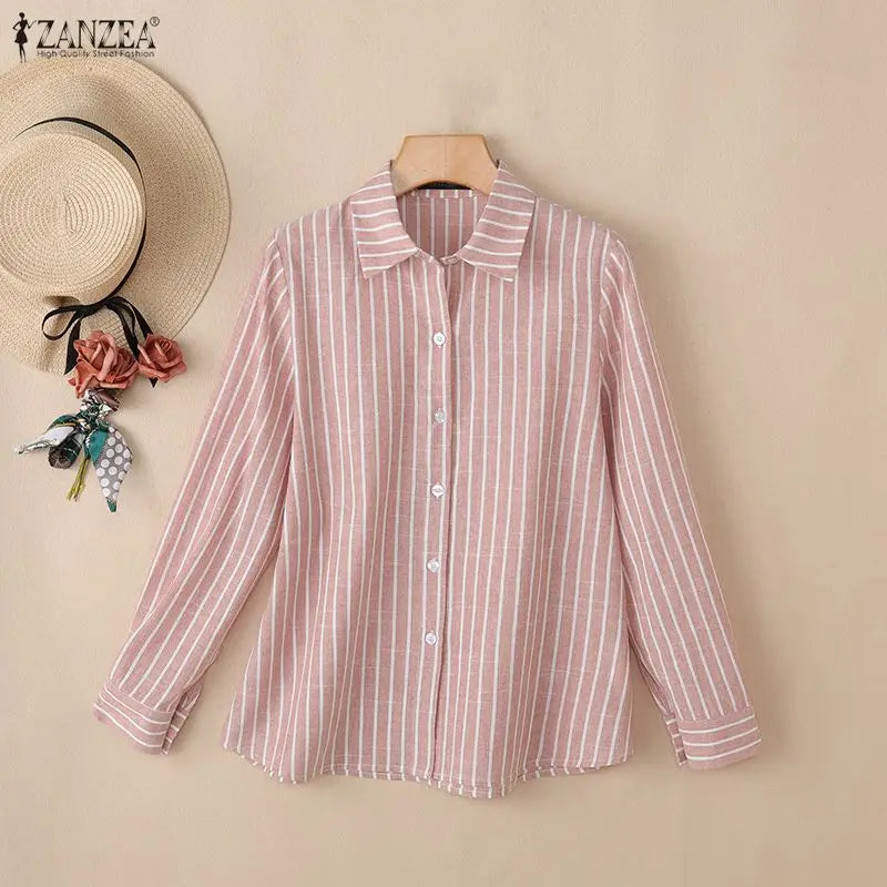 ZANZEA Women Loose Long Sleeve Shirts Striped Turn-Down Collar Button Up Oversized Tops 2026 Autumn Commute Work Camisas Mujer