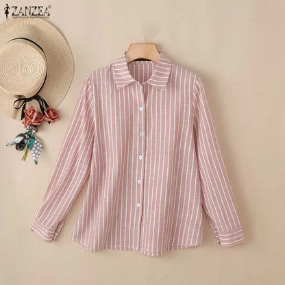 ZANZEA Women Loose Long Sleeve Shirts Striped Turn-Down Collar Button Up Oversized Tops 2026 Autumn Commute Work Camisas Mujer