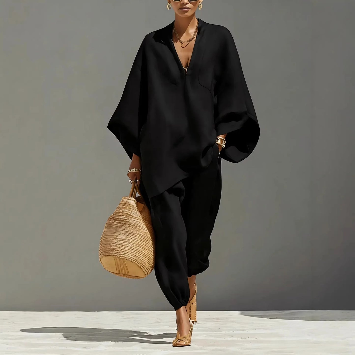 European and American Relaxation Solid Color V-neck Bat Sleeve Loose Top + Bow Leg Casual Pants Holiday Style Elegant Suit