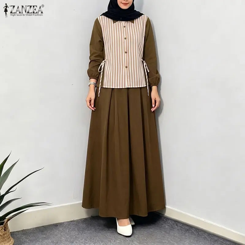 ZANZEA Eid Mubarek Outfits Muslim Sets Hijab Women Long Sleeve Patchwork Shirt Maxi Long Skirt Suit Dubai 2 Pieces Sets Ramadan