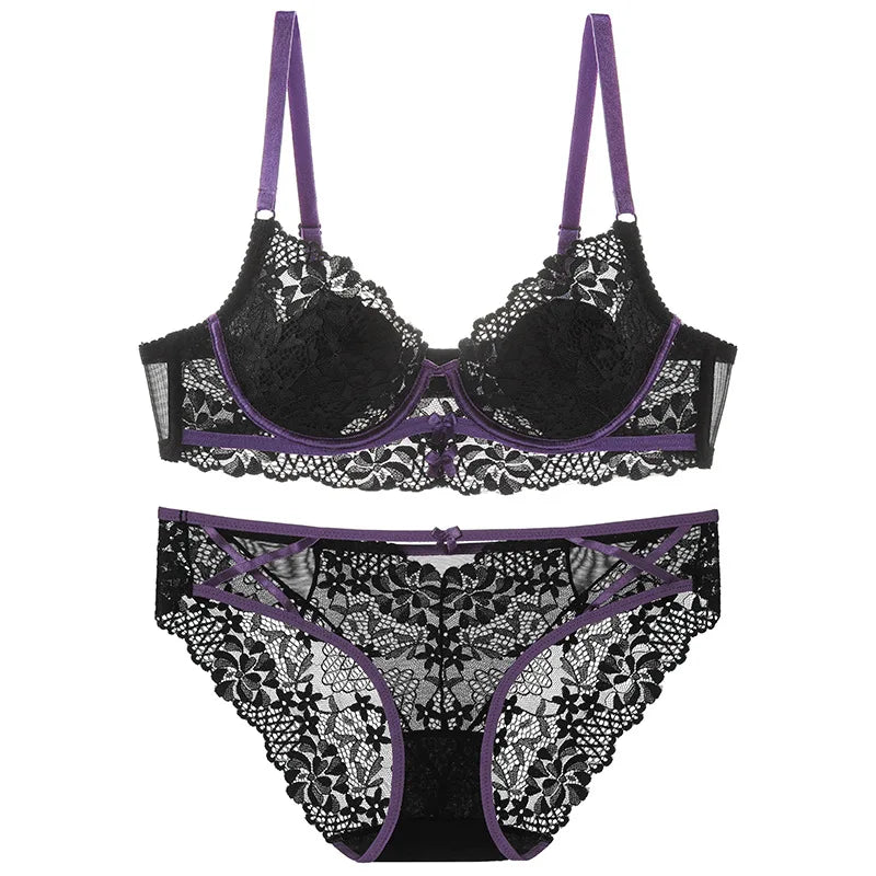 New Women Lingerie Set Sexy Lace Push Up Bra French 3/4 Thin Cup Bralette Cute Bow Decoration Underwear Comfort Bras Briefs Sets