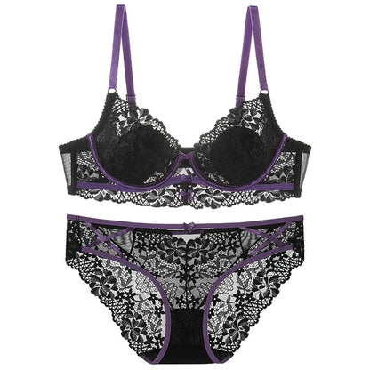 New Women Lingerie Set Sexy Lace Push Up Bra French 3/4 Thin Cup Bralette Cute Bow Decoration Underwear Comfort Bras Briefs Sets