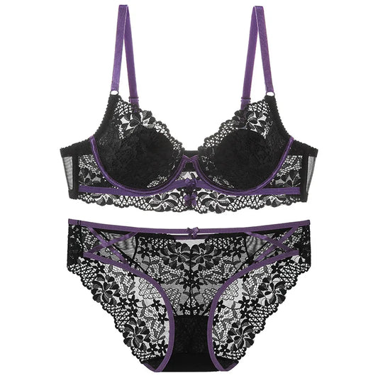 New Women Lingerie Set Sexy Lace Push Up Bra French 3/4 Thin Cup Bralette Cute Bow Decoration Underwear Comfort Bras Briefs Sets