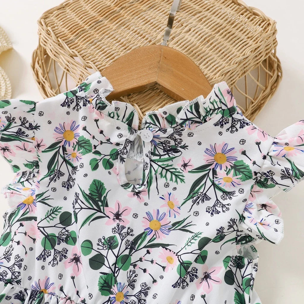 1-6 Years Kids Baby Girl Daily Dress Flowers Print Sleeveless Retro Style Lovely A- Line Summer Children Holiday Party Dresses