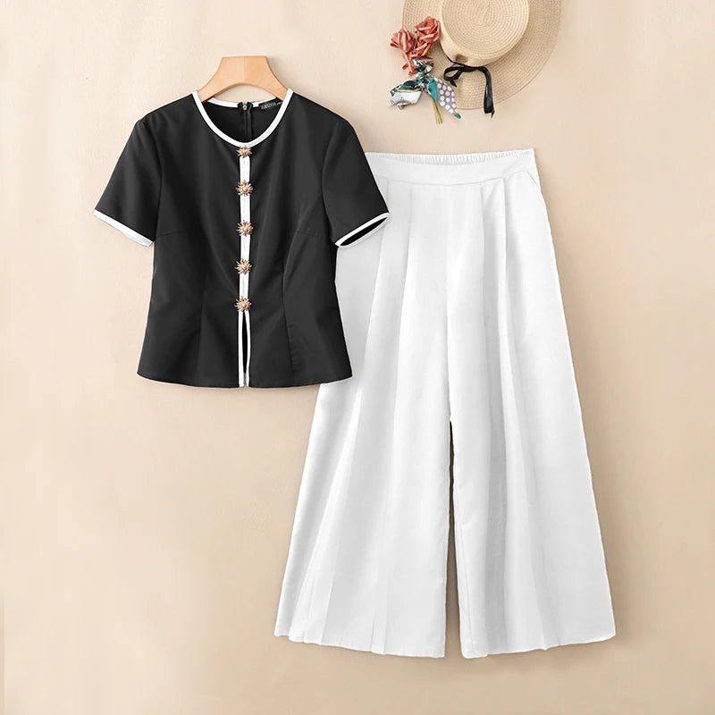 ZANZEA Fashion Summer 2 Pieces Sets Office Outfits 2026 Women Elegant Short Sleeve Blouse Pant Sets Color Blocking Tracksuit
