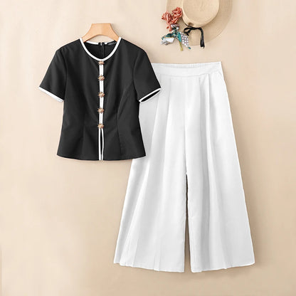 ZANZEA Fashion Summer 2 Pieces Sets Office Outfits 2026 Women Elegant Short Sleeve Blouse Pant Sets Color Blocking Tracksuit
