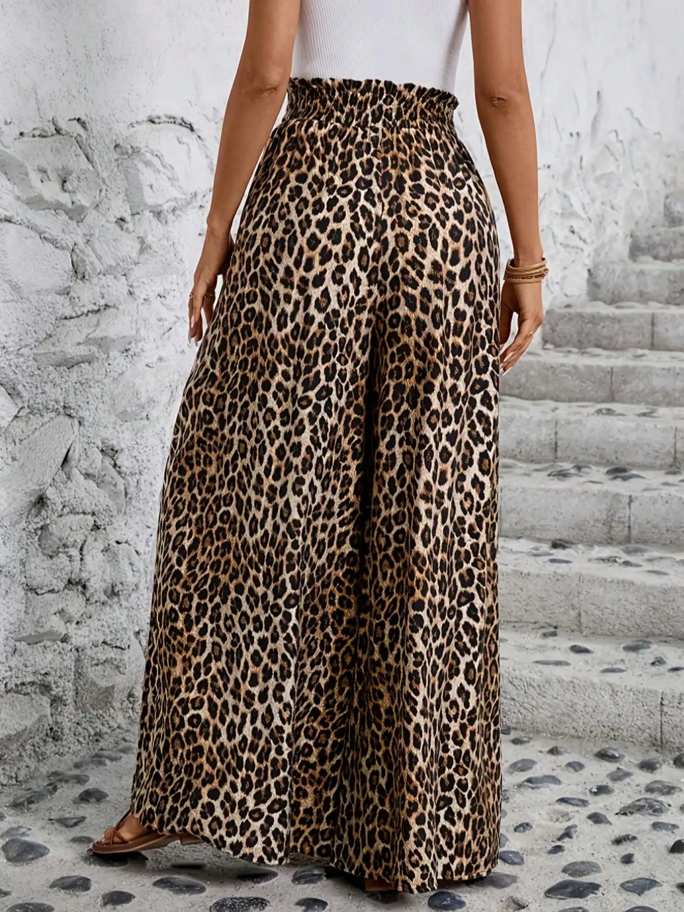 Casual fashion women's clothing for all seasons, leopard print, comfortable high waist, elastic waist, wide leg pants