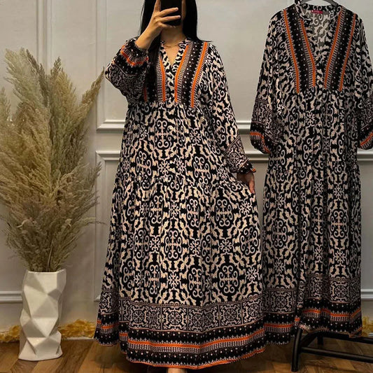 Geometric Pattern Printed Loose Robe Dress Retro Women V Neck High Waisted Long Sleeved Dress Elegant Pleated Autumn Party Dress