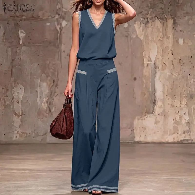 ZANZEA Fashion Summer 2 Pieces Tracksuit Women V Neck Sleeveless Tanks Tops Pant SetsCasual Patchwork Work Outfit Matching Sets