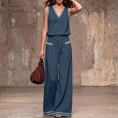 ZANZEA Fashion Summer 2 Pieces Tracksuit Women V Neck Sleeveless Tanks Tops Pant SetsCasual Patchwork Work Outfit Matching Sets
