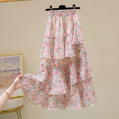 Hot Sale Floral Skirt Women New Summer 2025 Sweet Ruffled A-line Chiffon Long Skirt Woman Korean Clothing