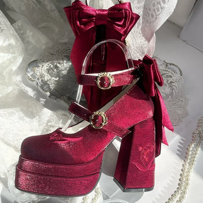 Elegant Satin Waterproof Lolita Mary Jane Shoes Women's Sweet Cute Girls Bow Paltform High Heel Ladies Pumps Platform Heels