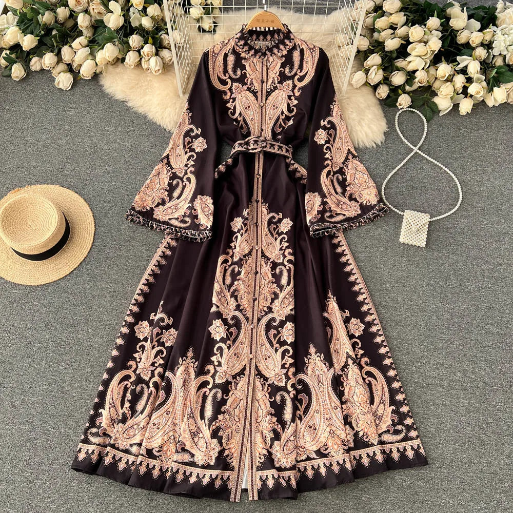 Spring Autumn Women's Dress Vintage Long Sleeve Print Floral High Waist Boho Party Maxi Vestidos Elegant Luxury Long Dresses