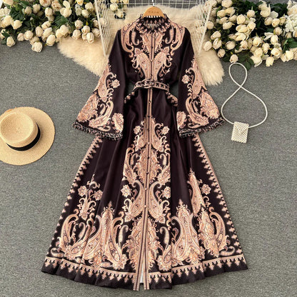 Spring Autumn Women's Dress Vintage Long Sleeve Print Floral High Waist Boho Party Maxi Vestidos Elegant Luxury Long Dresses