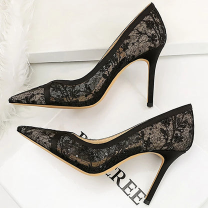 BIGTREE Shoes Mesh Hollow Lace Women Pumps Sexy High Heels Party Shoes Stiletto Heels 9.5 cm Luxury Banquet Shoes Ladies Pumps