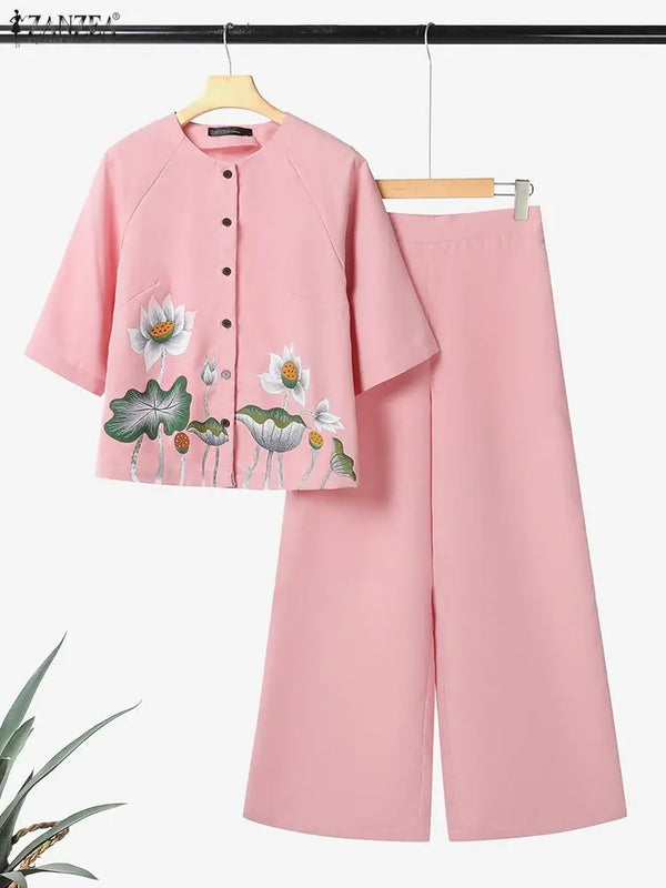 2025 Summer Pant Sets ZANZEA Women 2 Piece Sets O Neck Half Sleeve Shirt Trousers Suits Casual OL Work Outfits Printed Tracksuit