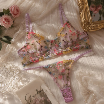 Bohemia Transparent Lingerie Set Push Up Elegant Embroidery Floral Underwear Ultra-thin Bra Suit Girl