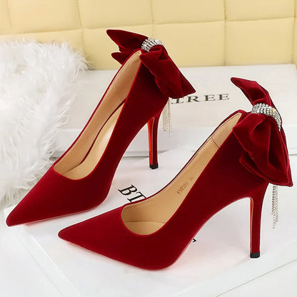 BIGTREE Shoes Rhinestone Chain Design Women Pumps Bowknot Suede High Heels Pointed Heels Stiletto 10 cm Luxury Banquet Shoes