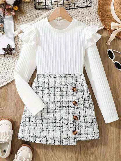 Two piece set: Unique ruffle edge length sleeve top+twill knit skirt, popular style, suitable for daily travel