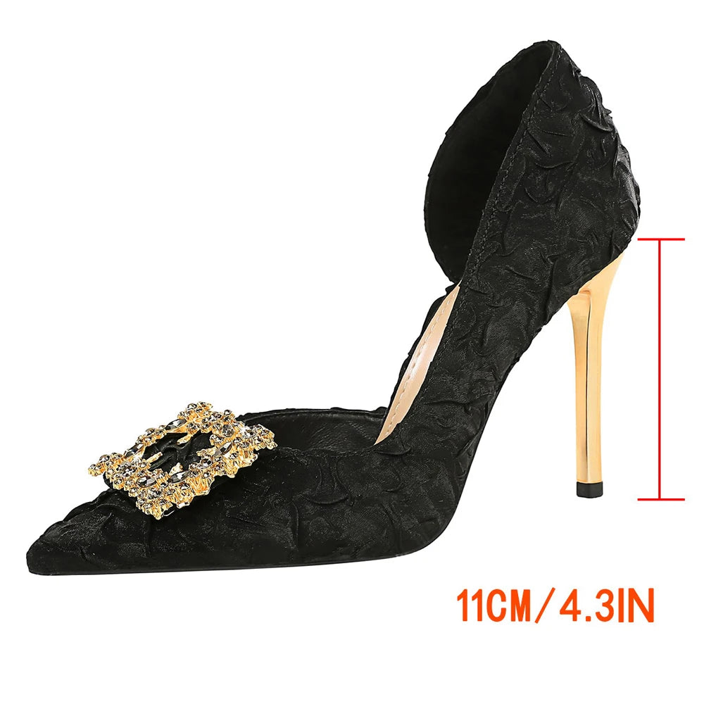 BIGTREE Shoes Rhinestone Women Pumps Silks Satins High Heels Stiletto 11 CM Metal Square Buckle Luxury Banquet Shoes Lady Shoes