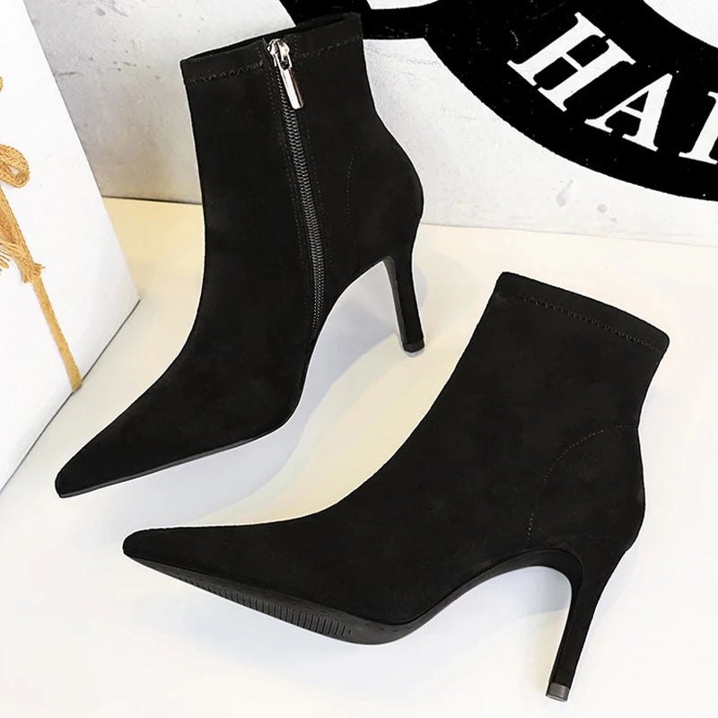 BIGTREE Shoes Women Ankle Boots Sexy High-Heeled Boots Suede Side Zipper Autumn Winter Shoes Stiletto Heels 8 cm Female Shoes
