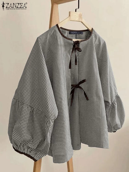 ZANZEA Women Plaid Printed Blouse Fashion Lace Up Shirts Holiday Sweety O-neck Long Sleeve Tops Casual Autumn 2024 Bowtie Tunics