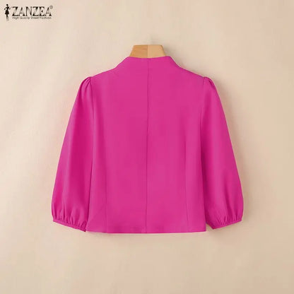 ZANZEA Women's Elegant Princess Seams Short Shirts V-Neck 3/4 Puff Sleeve Button Up Solid Color Tops Classy Party Woman Clothes