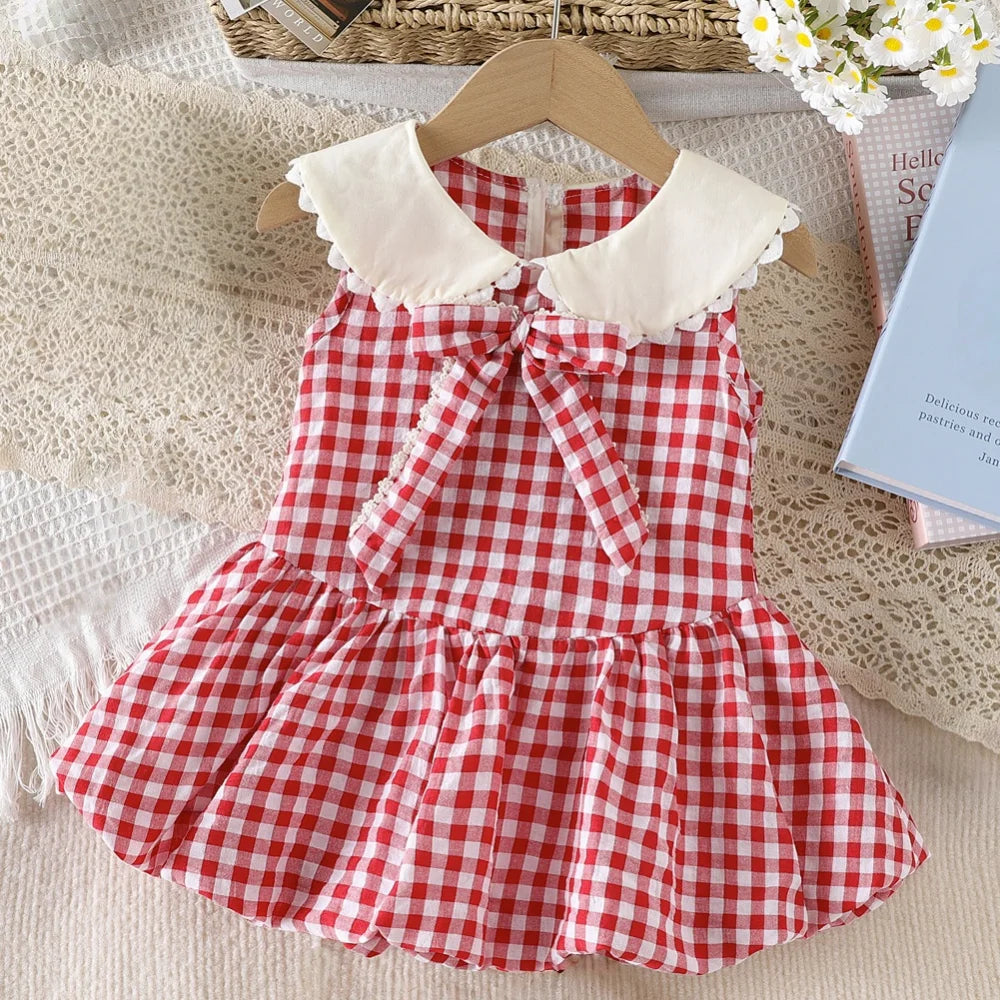 2026 New Summer Cute Children A-Line Dress Red White Plaid Girls Large Bow Sleeveless Dress Peter Pan Collar Clothes