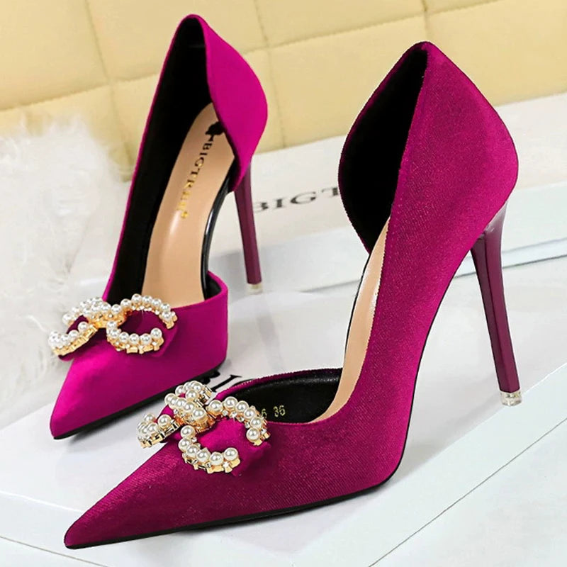 BIGTREE Shoes 7 Cm Kitten High Heels Rhinestone Buckle Pearl Design Women Pumps Suede Ladies Heels Stilettos Luxury Party Shoes