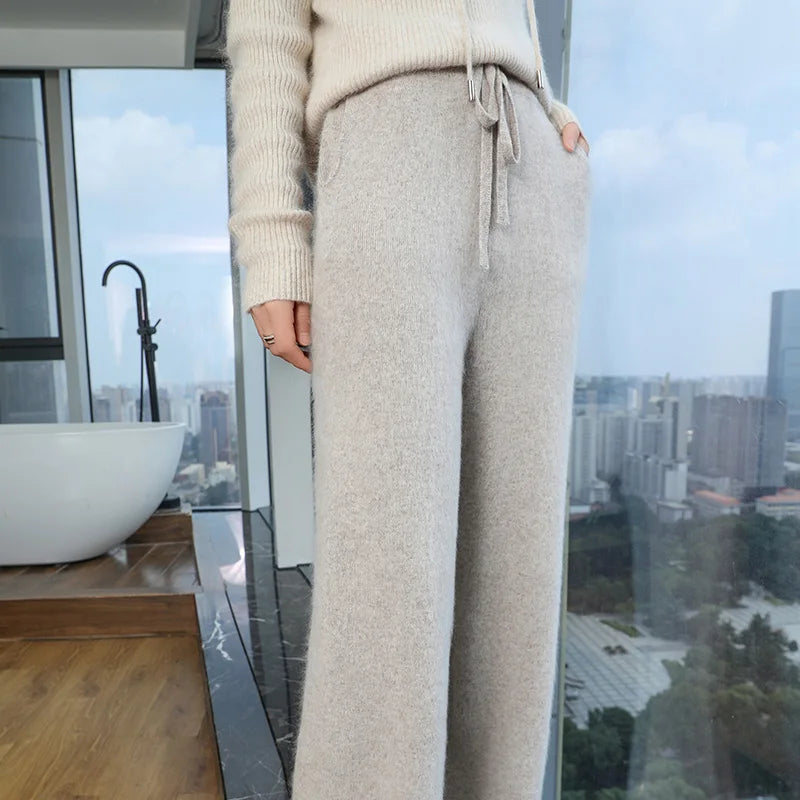 100% Pure Mink Cashmere Knit Wide-Leg Pants Women's Elastic Waist Loose Straight Trousers Leisure Thick Drawstring Mopping Pants