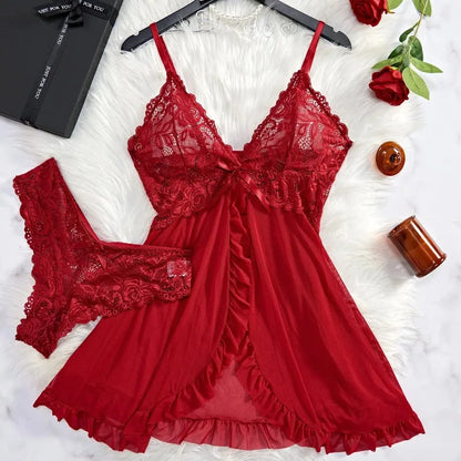 Sexy Lingerie Set Women Erotic Bra Nightdress Sexy Lace Sleepwear Solid Slim Soft Dresses V Neck Full Slip Sleepwear & Dresses