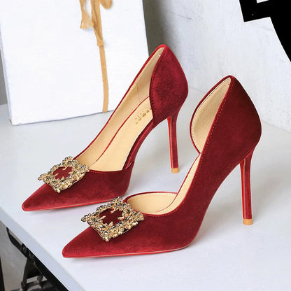 BIGTREE Shoes Rhinestone Women Pumps Metal Square Buckle High Heels Suede Side Empty Ladies Shoes Stiletto Heels 10 cm 7.5 cm