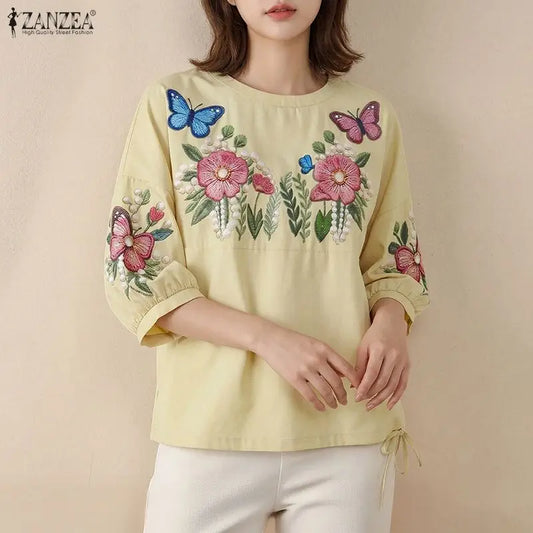 ZANZEA Women Blouse Summer Autumn 3/4 Puff Sleeve Floral Print Vintage O-Neck Tunic Tops OL Work Party Tee Oversize S-3XL
