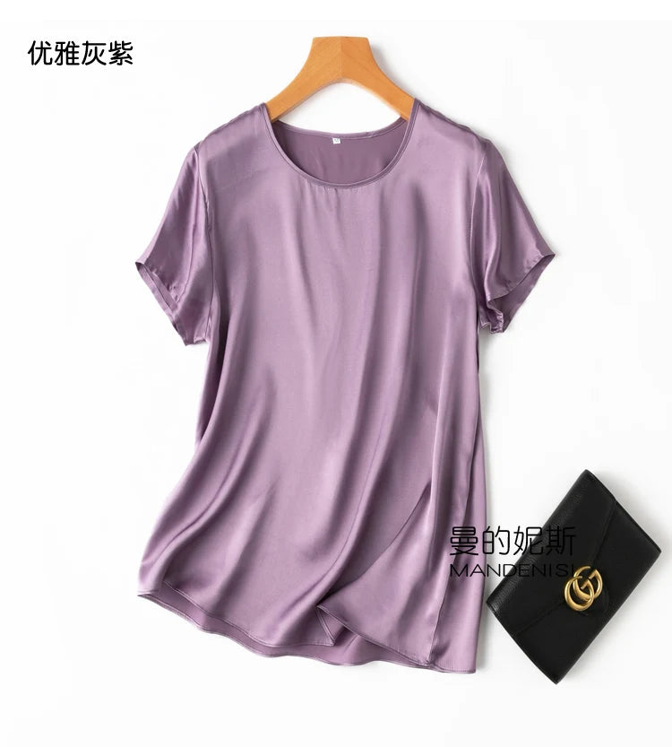 ZVAQS 100% Mulberry Silk T Shirts Woman Elegant Satin T Shirt 27 Colors High Quality Silk Summer Tops 2025 Women Clothing Топ