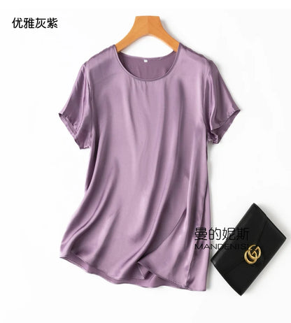 ZVAQS 100% Mulberry Silk T Shirts Woman Elegant Satin T Shirt 27 Colors High Quality Silk Summer Tops 2025 Women Clothing Топ