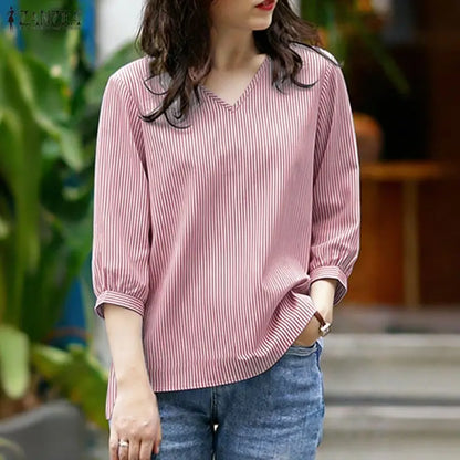 ZANZEA Woman Minimalist Striped Blouses Casual V-Neck 3/4 Puff Sleeve High-Low Tops Spring Summer Day Wear Blusas de Mujer