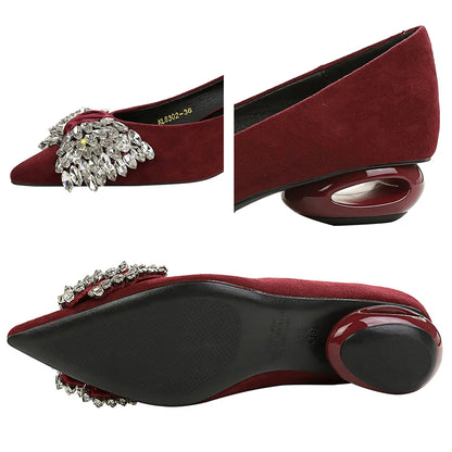 BIGTREE Shoes Rhinestone Bow Low Heeled Women's Shoes Hollow Heel Design Women Pumps Professional Suede Office Shoes Fashion