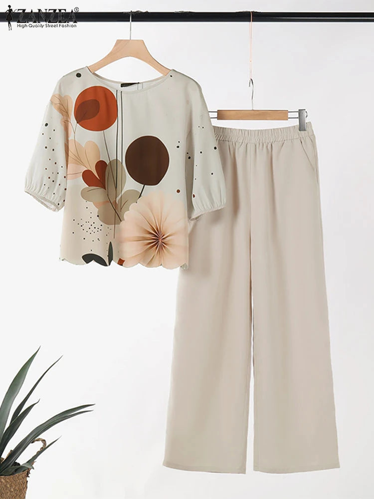 2026 ZANZEA Women Summer Pant Sets Half Sleeve Floral Print Blouse Casual Trouser Suit 2pcs Elegant Work Tracksuits 2-Piece Sets