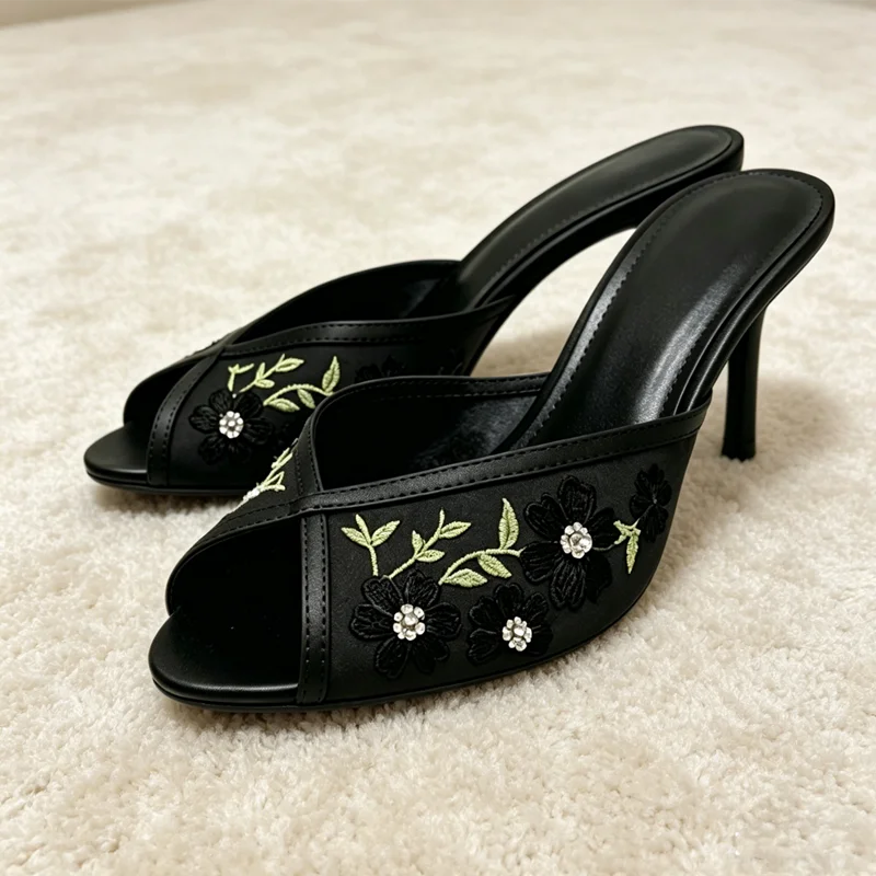 Hand Embroidered Floral Detail Mesh Women's Slippers Sexy Peep-toe Heeled Sandals for Ladies Summer Street Style Designer Heels