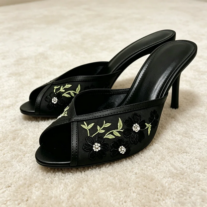 Hand Embroidered Floral Detail Mesh Women's Slippers Sexy Peep-toe Heeled Sandals for Ladies Summer Street Style Designer Heels