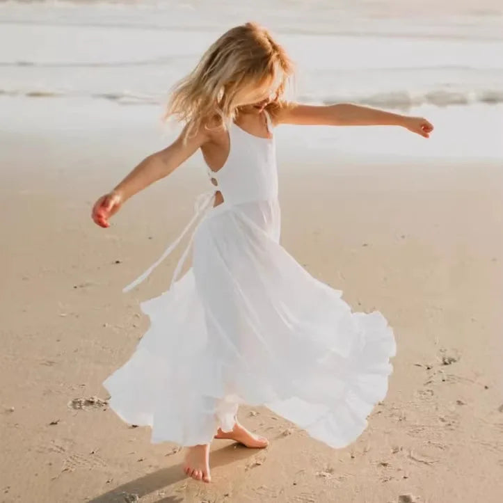 2026 Nordic Girls Spring Summer Cotton Linen Backless Bohemian Lace Mid Length Children Vest Dress