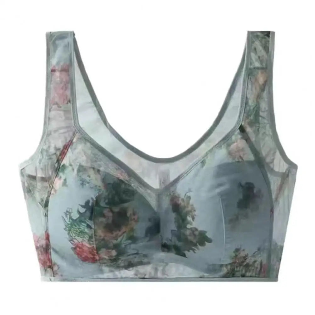 Mid-aged Women Bra Mesh Thin Plus Size Floral Print Wide Shoulder Strap Anti-snagging Push Up Seamless Mother Bra 90%