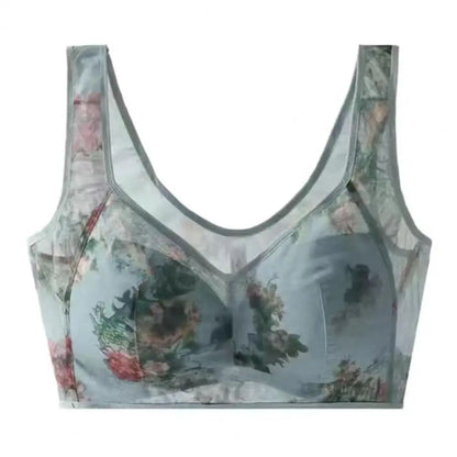 Mid-aged Women Bra Mesh Thin Plus Size Floral Print Wide Shoulder Strap Anti-snagging Push Up Seamless Mother Bra 90%