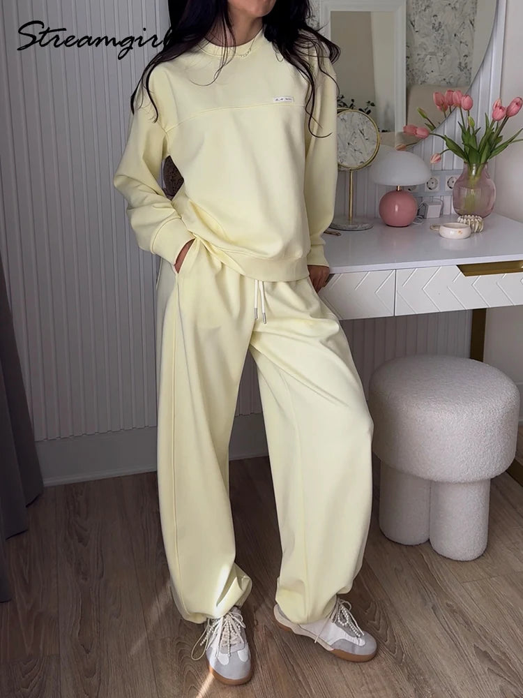 Women Two Piece Sets Pants Outfits Fall Oversize Blue Tracksuits Sweatshirts And Sweatpants Butter Yellow Sets Suits For Women