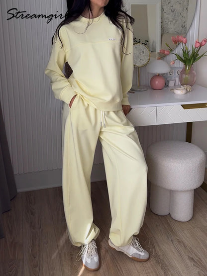 Women Two Piece Sets Pants Outfits Fall Oversize Blue Tracksuits Sweatshirts And Sweatpants Butter Yellow Sets Suits For Women