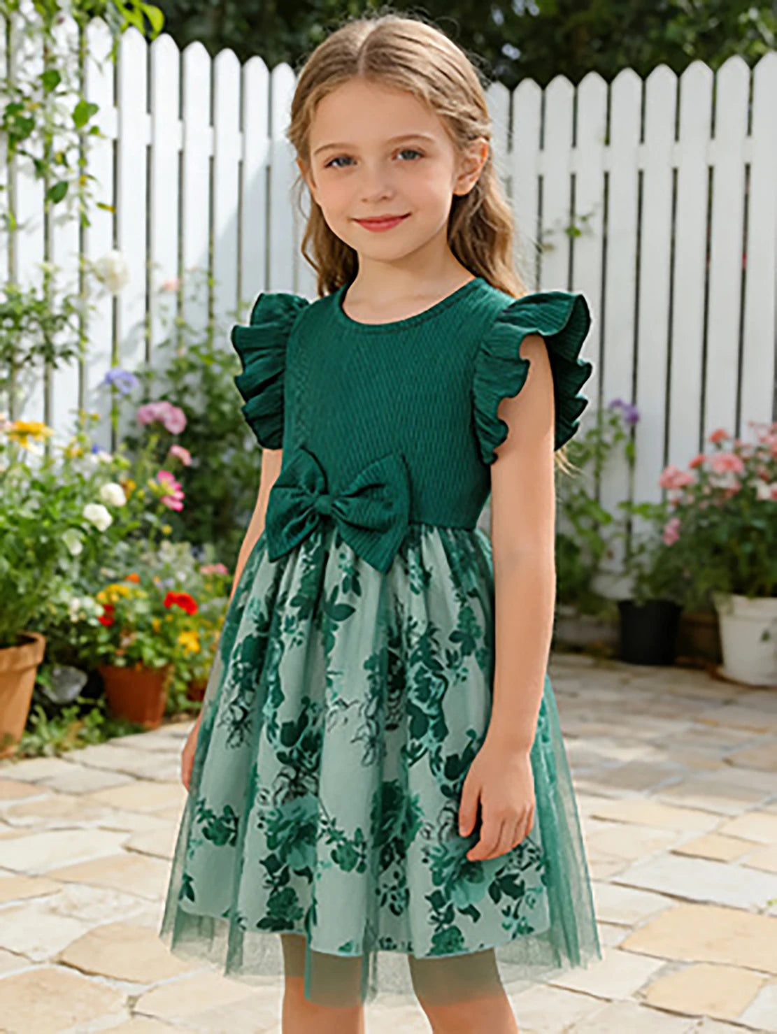 Little Girls Green Gradient Princess Dress, Summer Floral Print Tutu Skirt, Kids Pastoral Style Daily Dress