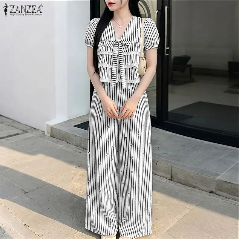ZANZEA Women Striped 2 Piece Matching Pant Sets Layered Ruffles Lace Trim Short Blouses & Wide Leg Pants Suits Casual Outfits