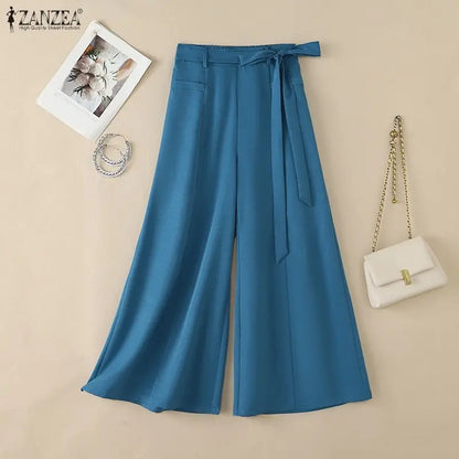 Women Plus Size 5XL Flowy Wide Leg Pants Loose High Waist Belted Trousers ZANZEA Autumn Office Work Solid Casual Palazzo Pants