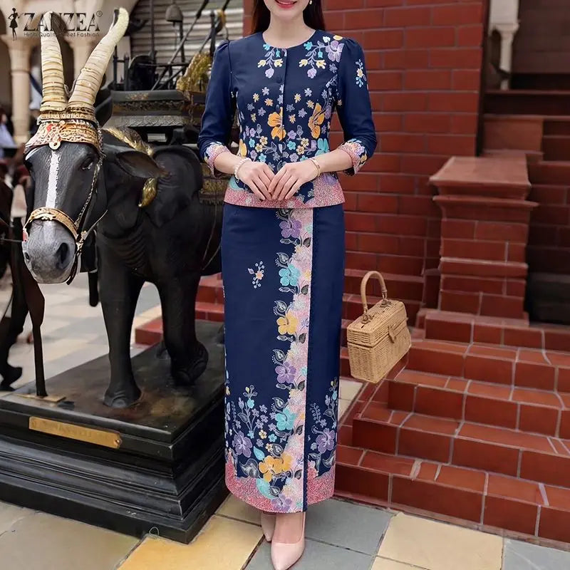 ZANZEA Women's Elegant Floral Print 2 Pieces Matching Skirt Sets 3/4 Sleeve Blouses & Maxi Skirts Suits Office Lady Outfits 2pcs